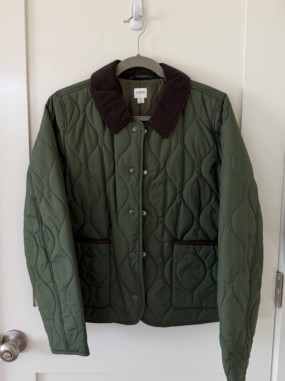 J. Crew Olive Green Quilted Field Jacket with Dark Brown Corduroy Collar